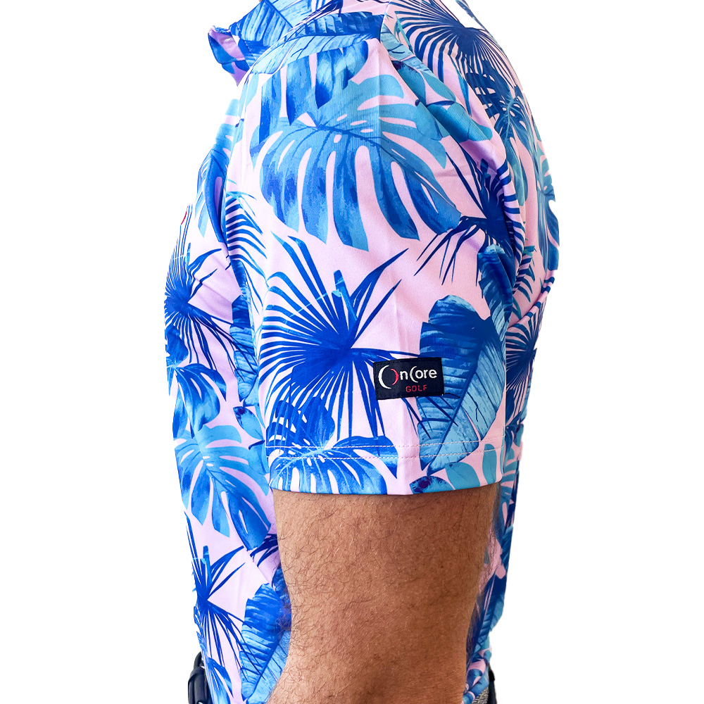 Men's Pink and Blue Palm Leaf Golf Polo Shirt | OnCore Golf