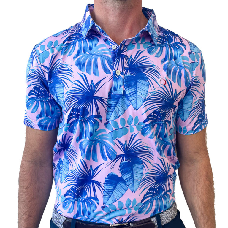 Men's Pink and Blue Palm Leaf Golf Polo Shirt OnCore Golf