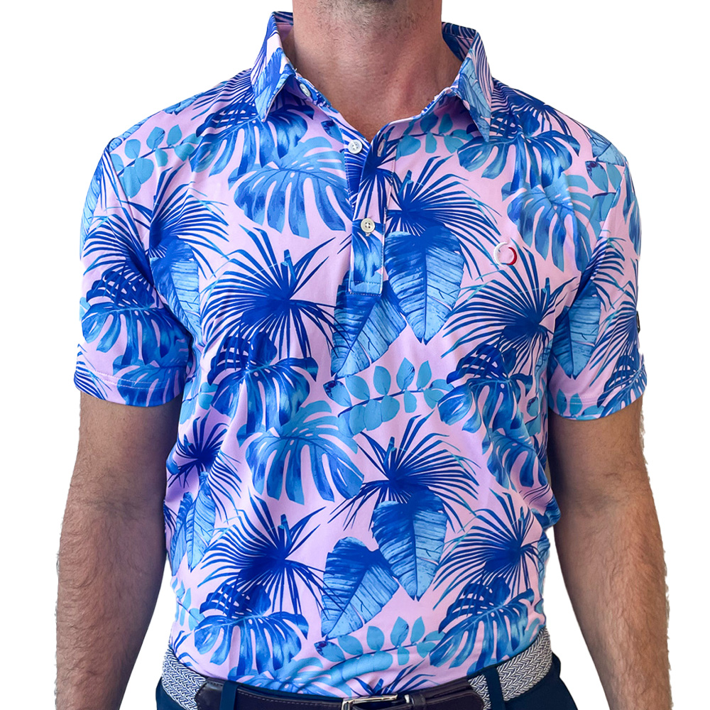 Men's Pink and Blue Palm Leaf Golf Polo Shirt | OnCore Golf