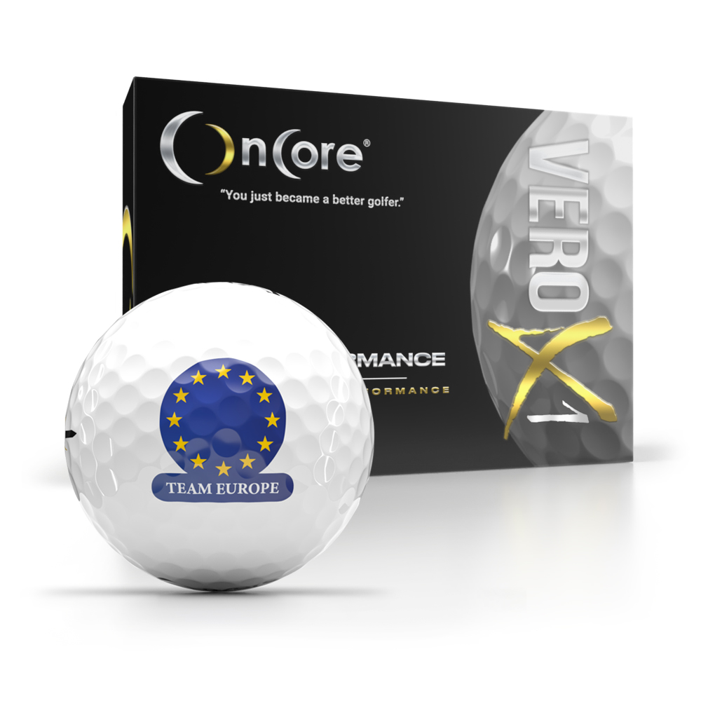Order your Team Europe logo golf balls with European flag design from OnCore Golf - VERO X1