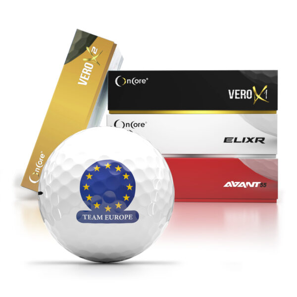 Order your Team Europe logo golf balls with European flag design from OnCore Golf