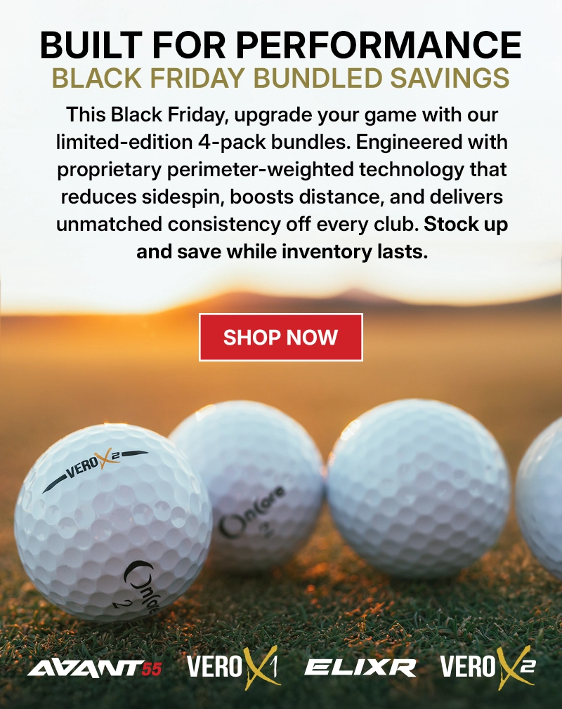 OnCore's Black Friday 4-pack golf ball bundles showcasing perimeter-weighting technology for longer, straighter, more consistent shots.