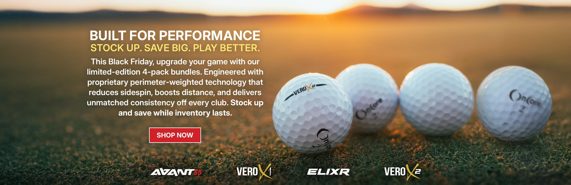 OnCore's Black Friday 4-pack golf ball bundles showcasing perimeter-weighting technology for longer, straighter, more consistent shots.