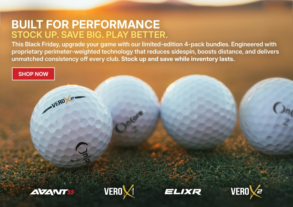 OnCore's Black Friday 4-pack golf ball bundles showcasing perimeter-weighting technology for longer, straighter, more consistent shots.